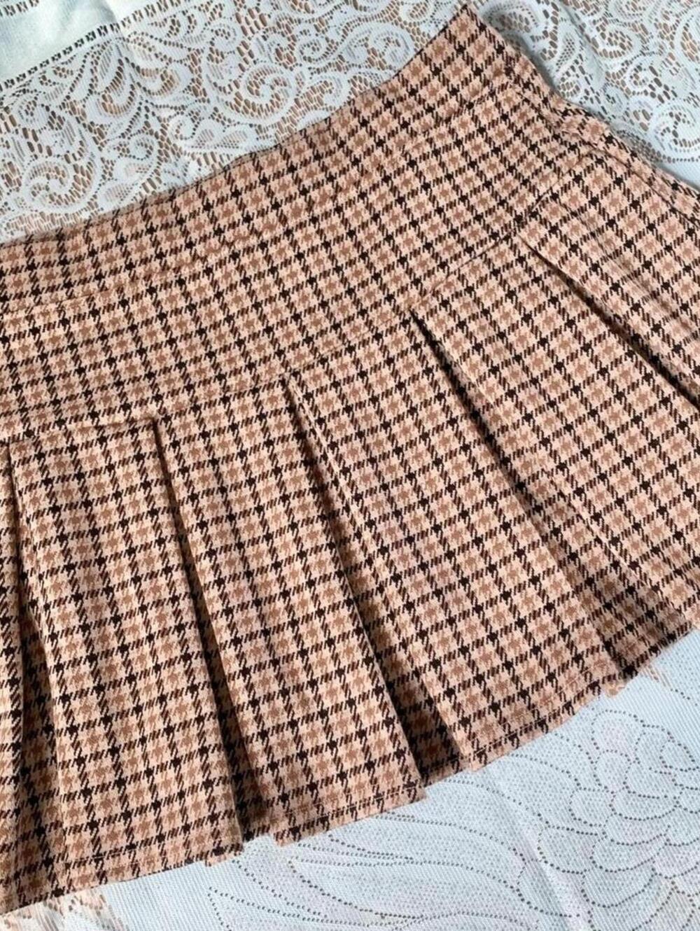 Y2k clueless Houndstooth pleated neutral preppy academia miniskirt